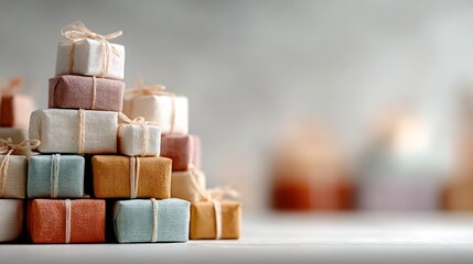 Beautifully wrapped small gifts stacked in a festive arrangement on a blurred background