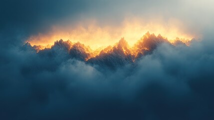 Majestic sunrise over jagged mountain peaks enveloped in misty clouds