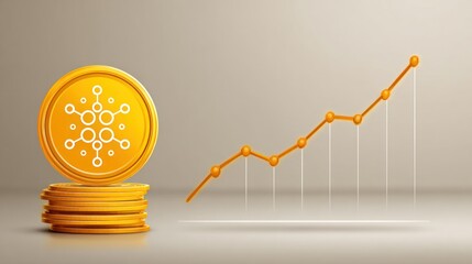 Golden coins and upward trend line reflect growth in cryptocurrency investment