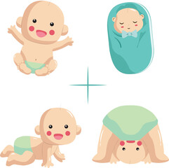 Four Cartoon Babies Sitting Swaddled Crawling and Upside Down