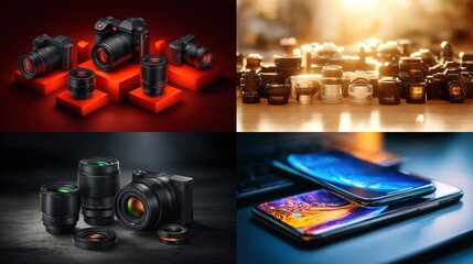 Four images showcasing photographic equipment cameras, lenses, and smartphones with varying setups and lighting