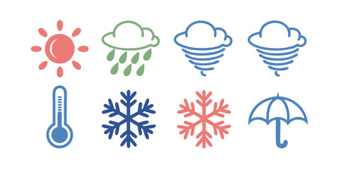 Weather Forecast Vector Icons Sun Rain Clouds Wind Thermometer Snowflakes Umbrella Season Climate Symbols Art