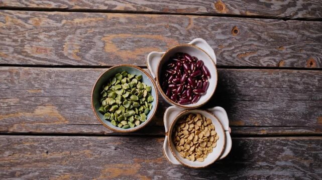 Green split pea, red kidney bean, and yellow lentil ceramic bowls rustic wooden table, showcasing vibrant legume varieties