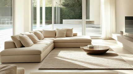 Modern, minimalistic living room with beige furniture and soft textures, creating a luxurious yet comfortable atmosphere