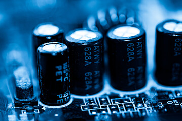 Abstract, Close up at electronic circuits, we see the technology of the mainboard, which is the...
