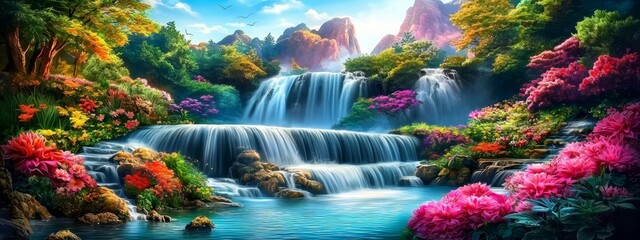 A breathtaking waterfall set in a fantastical flower-filled scenery.