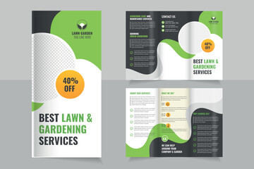 Lawn Mower Garden or Landscaping Agricultural service Design, trifold brochure design template,  Modern Lawn Care Trifold Brochure Template, Gardening, Landscaper or Agro firming services