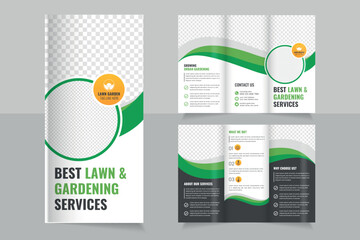 Lawn Mower Garden or Landscaping Agricultural service Design, trifold brochure design template,  Modern Lawn Care Trifold Brochure Template, Gardening, Landscaper or Agro firming services