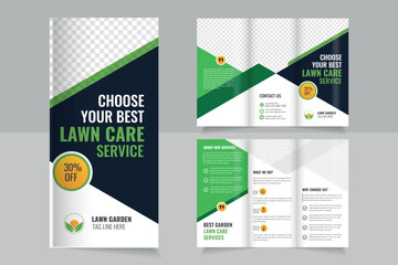 Lawn Mower Garden or Landscaping Agricultural service Design, Lawn Care Trifold Brochure Template, Gardening or Landscaper Tri Fold Brochure Design