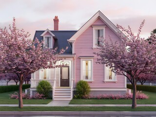 Pink Victorian House Spring Blossoms Evening Light