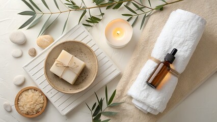 Spa Bathroom Flatlay: Soap, Candle & Towel for Relaxation