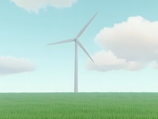 Fototapeta premium Single wind turbine standing tall in an open green field under a clear blue sky.