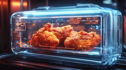 Futuristic food preparation. Crispy fried chicken inside a transparent, high-tech appliance with digital displays