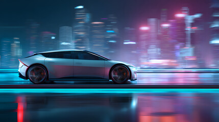  Sleek Silver Car on a Neon-Lit City Road at Night