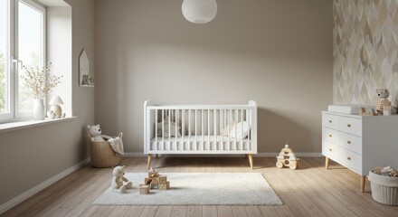 Childs room interior with crib and rug