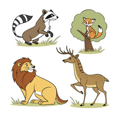 Obraz premium Cute cartoon collection of wild animals, including a raccoon, fox, lion, and deer