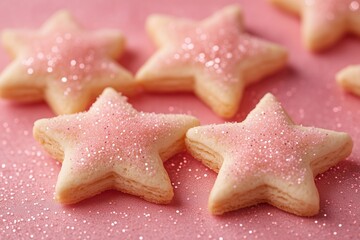 Star-shaped sugar cookies on pink glitter background