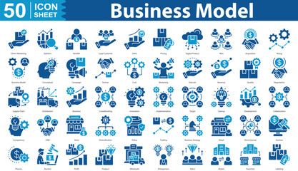 Business Model icon set collection Solid Color direct marketing, statistics, reseller, loyal customer, sales, pricing, digital product, mlm, acquisition, rising, business model, conceptual