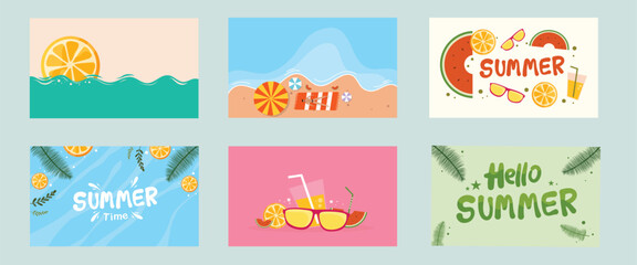 A colorful summer themed background bundle with tropical elements like fruits drinks waves and bright typography