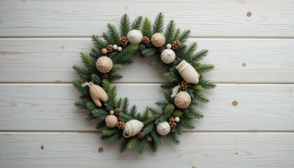 Winter wreath of pine and yarn brings holiday cheer to a wooden wall in a cozy, simple, Scandinavian style