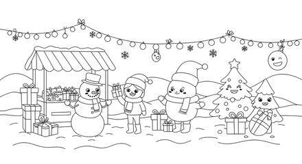 Fototapeta premium Adorable Snowman Christmas Coloring Page Winter Holiday Fun