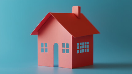 Red paper cutout house on blue background, representing real estate search, property market, and home ownership 