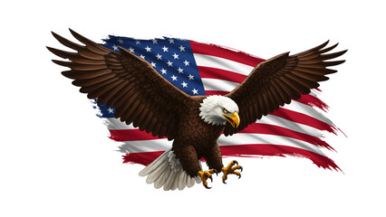 Obraz premium Majestic Bald Eagle Soaring with American Flag Independence Day Image