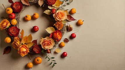 Autumn's embrace a floral wreath of warm hues and seasonal charm, roses and mini fruits abound