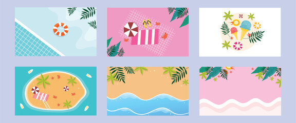A relaxing summer background bundle with pool float beach waves palm leaves and minimal pastel decorative elements