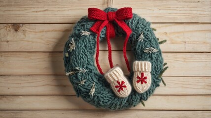 Knitted embrace a seasonal winter's eve dream, cozy wreath hanging against weathered wood