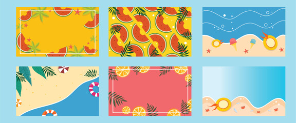 A bright and colorful summer bundle with beach scenes waves fruit patterns and fun seaside illustrations