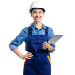 Smiling Female Construction Worker Holding Clipboard on Isolated transparent background