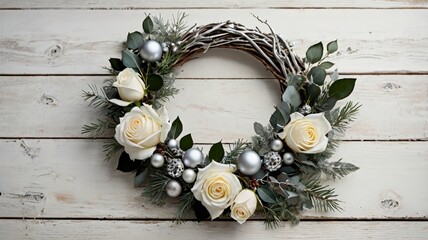 Winter's embrace a floral wreath on weathered wood exudes elegance and holiday cheer on a rustic background