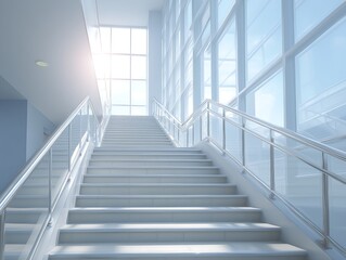 Modern white staircase ascending towards bright windows sunlight streaming in