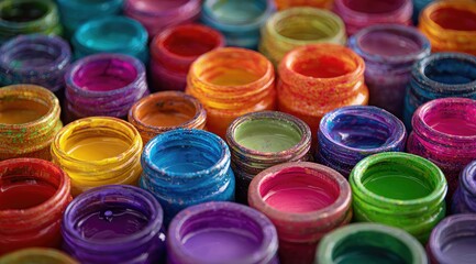 A close-up shot reveals numerous small jars brimming with vibrant, multicolored paints, their surfaces speckled with dried paint