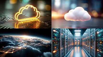 Four digital images showcasing cloud computing concepts.  Neon cloud icon on circuit board, 3D cloud, global network, and server rack room