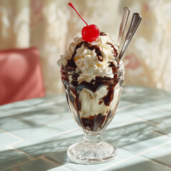 A classic ice cream sundae in a glass cup, decorated with whipped cream, chocolate syrup, a bright red cherry on top and two spoons