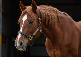 Majestic brown horse portrait in stable environment capturing equine beauty and serenity