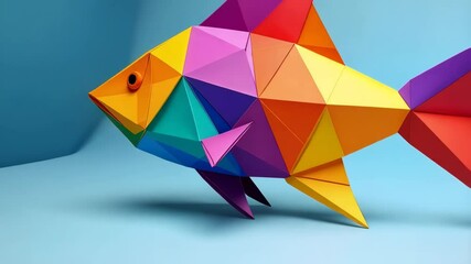 Vibrant geometric fish composed of colorful triangles, swimming in a clear blue background, art installation, origami style, bright lighting - Powered by Adobe