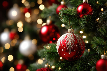 Obraz premium Festive decorations on a Christmas tree glowing with lights and ornaments during the holiday season