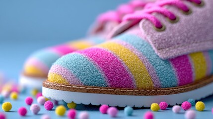 Brightly colored oversized clown shoes covered in soft, fluffy fabric and vibrant pom poms on a pastel blue background. International Clown Week