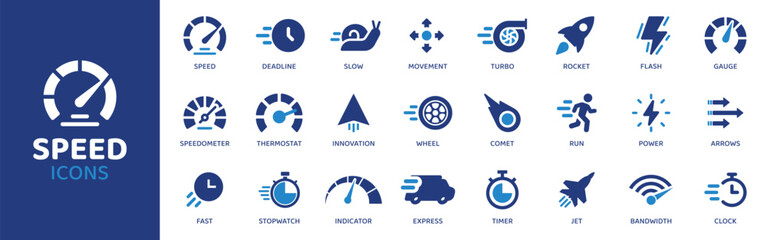 Speed - Icon Collection. Thin Line Set contains such Icons as Speed, Fast, Quick, Zoom, Dash, Sprint, Race and more. Simple web icons set.