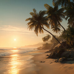 sunset on the tropical beach with palms