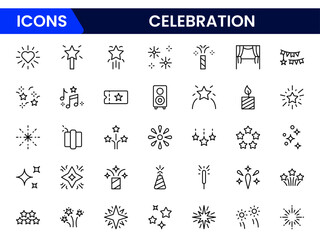 Joyful vector web line icons depicting celebrations, parties, balloons, cakes, and festive moments for vibrant, memorable gatherings.