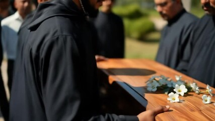 Solemn Farewell: People Carry a Coffin Adorned with White Flowers at Funeral