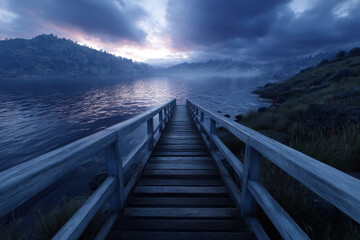 Fototapeta premium Calm lake morning with wooden dock and misty mountains under cloudy sky