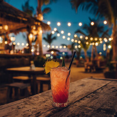 A vibrant tropical cocktail with a fruit garnish on a rustic table at a beach bar during a summer night