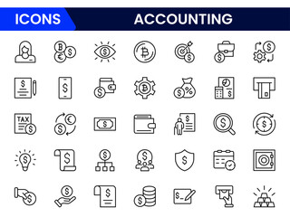 Precise vector web line icons depicting accounting, bookkeeping, financial reports, calculators, and budget management for accurate fiscal operations.