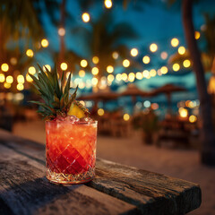 A vibrant tropical cocktail with a fruit garnish on a rustic table at a beach bar during a summer night party