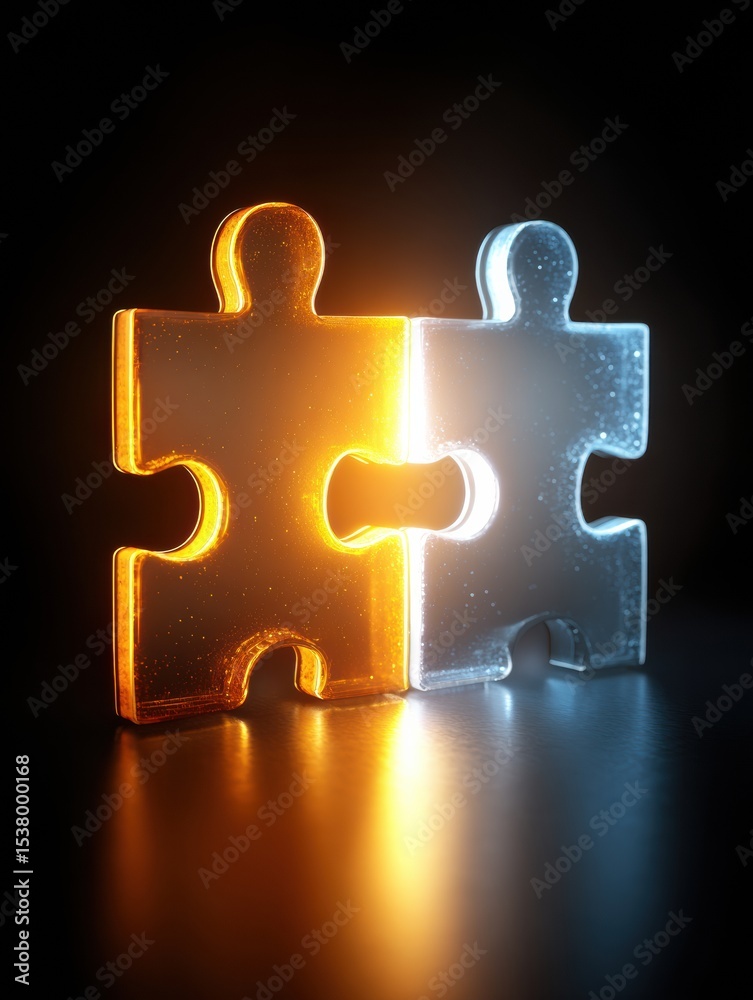 Poster two glowing connected puzzle pieces creating a vibrant contrast against a dark background